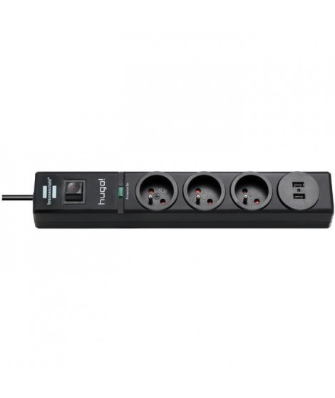 Brennenstuhl Multiprise hugo! Noire - 3 prises + 2 prises USB - avec parafoudre et 2m de câble (19.500A)