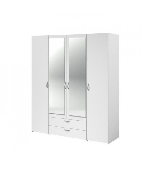 Armoire VARIA - Décor blanc - 4 portes battantes + 2 miroirs + 2 tiroirs - L 160 x H 185 x P 51 cm - PARISOT