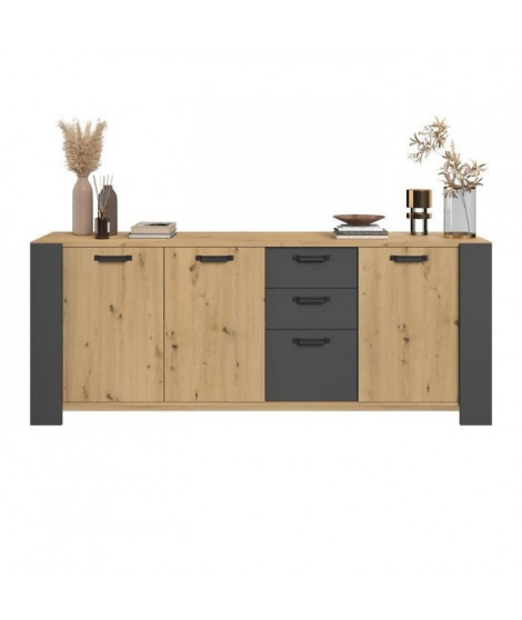 Buffet LOFT - Décor chene artisan et mélamine gris ombre - 3 portes et 3 tiroirs - L 220 x P 52 x H 86.5 cm - PARISOT