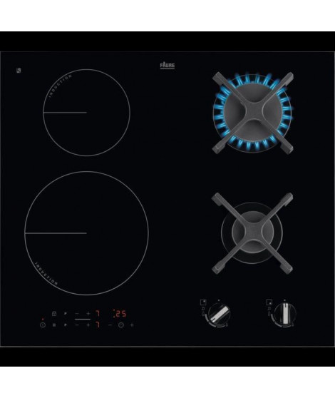 FAURE FGN86468BA - Table de cuisson mixte gaz / induction encastrable - 4 foyers - 3300W - L59xH52cm - Noir