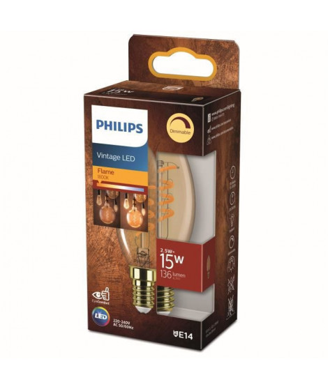 PHILIPS Ampoule LED Flamme E14 - 15W Blanc Chaud Ambré - Compatible Variateur - Verre