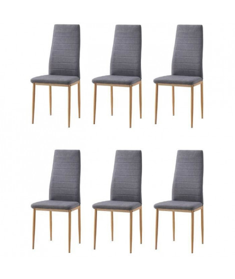 LAUREATE Lot de 6 chaises de salle a manger en métal effet bois - Tissu gris chiné - Contemporain - L 44 x P 43 cm