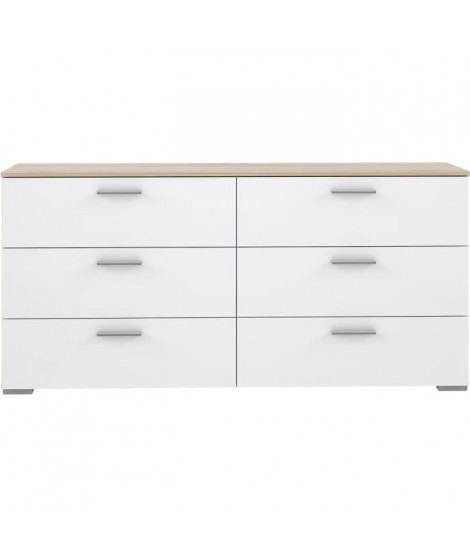 Commode 6 tiroirs - Décor chene et blanc mat - Contemporain - L 159,9 x P 41,3 x H 75,8 cm