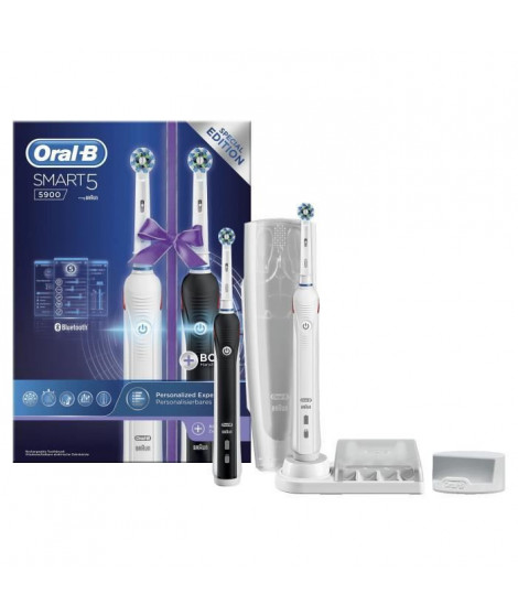 Oral-B Smart 5 Duopack Brosse a Dents Électrique Rechargeable avec 2 Manches Connecté Bluetooth et 2 Brossettes, Noir et Blanc