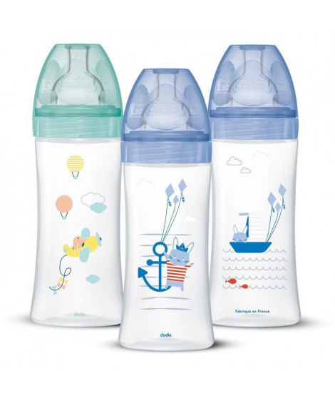 DODIE Lot de 3 Biberons Anti-Colique Sensation+ 330ml +6 Mois, Tétine Plate, Débit 3 - Bleu Mer et Vert Air