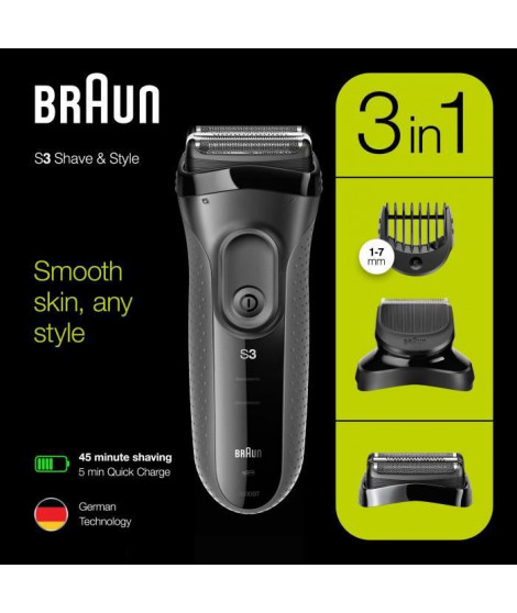 BRAUN SERIES 3 SHAVE&STYLE 3000BT Rasoir électrique avec tondeuse a barbe - Noir