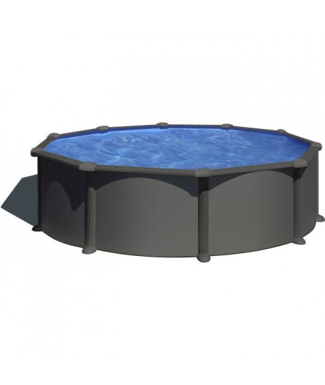 GRE - Kit Piscine hors sol acier grise anthracite ronde - Louco - Ø370 x H122 cm (Livrée avec filtre a sable + sable + échelle)