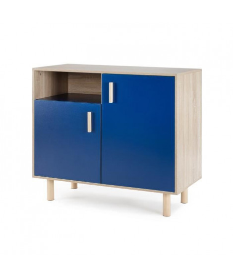 Petit buffet avec 2 portes - Décor bleu et chene -  L 100 x P 48 x H 90 cm - LILA