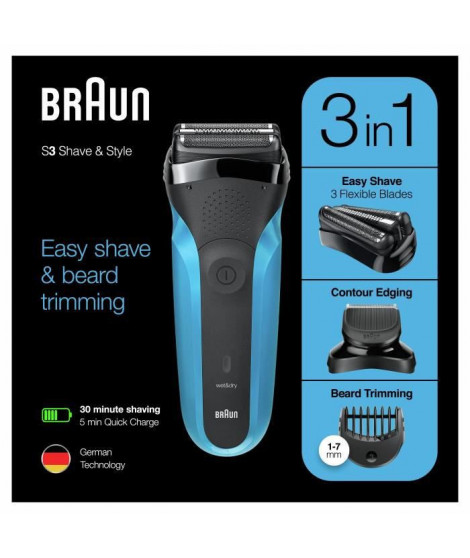 Braun Series 3 Shave & Style Rasoir Électrique Homme 3-En-1 Noir/Bleu, Équipé De La Technologie Wet & Dry Avec Tondeuse a Bar…