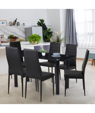 Ensemble Table a manger L 140 x P 80 cm + 6 chaises - Métal - Plateau en verre trempé - JIM