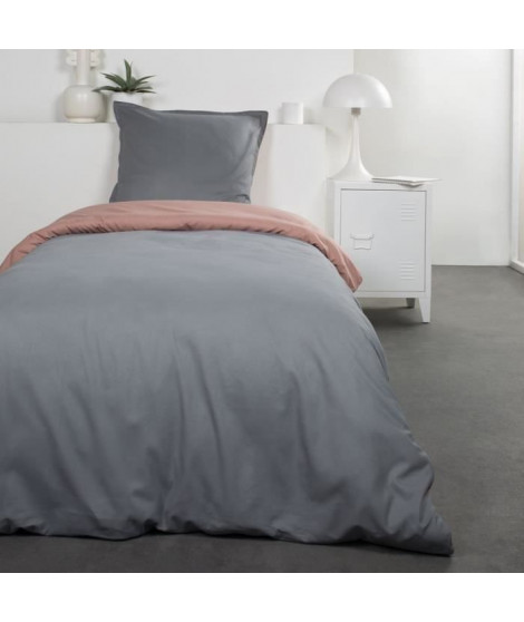 TODAY Parure de lit Coton 1 personne - 140x200 cm - Bicolore Gris et Rose Louise