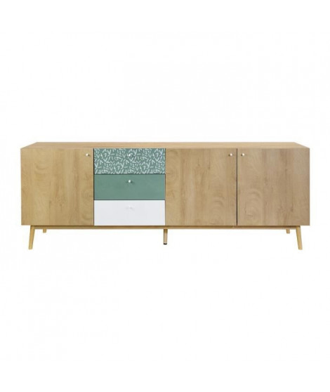 Buffet - Décor chene et vert - Pieds en bois massif - 3 portes + 3 tiroirs - GARDENIA - L 220 x P 50 x H 80 cm