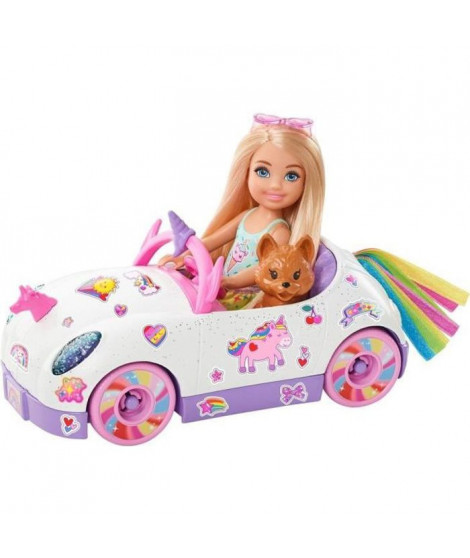 Barbie - Chelsea et sa décapotable licorne et arc-en-ciel, avec autocollants et accessoires - Véhicule Poupée Mannequin - Des…