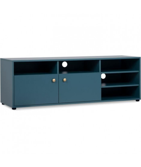 Meuble TV - 2 portes et 5 niches ouvertes - Bleu Pétrole - 140 x 40 x 45 cm - POP COLOR