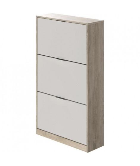 Meuble a chaussure 3 portes - Décor chene et blanc - 75x25x128 cm - Leona