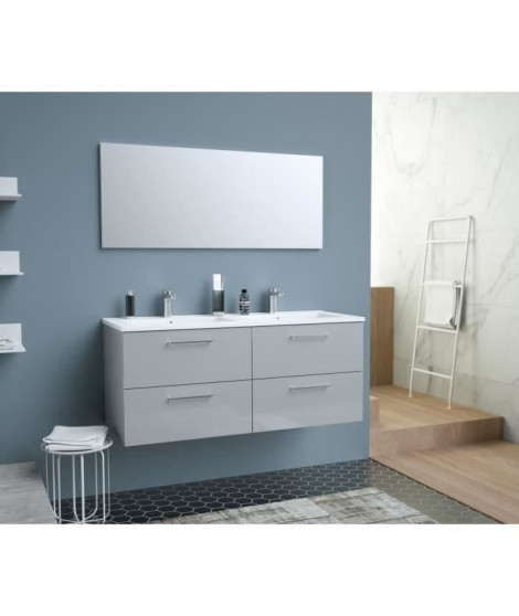 GLOSSY Meuble de Salle de bain double vasque L 120cm - Gris clair laqué brillant