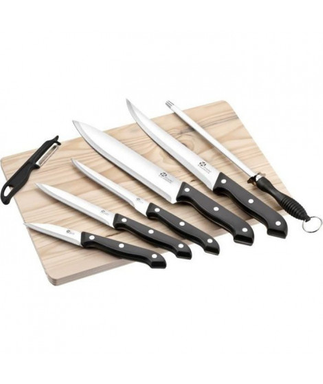 PRADEL EXCELLENCE Planche en bois avec 5 couteaux de cuisine, un fusil et un éplucheur gris et noir