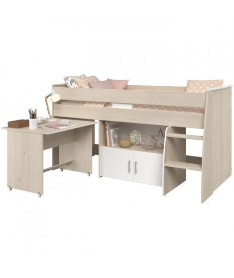 Lit combiné enfant ZOLA 90x200 cm - 2 portes - Avec bureau - Décor acacia clair et blanc - L 206,3 x H 110 x P 114/183 cm - P…