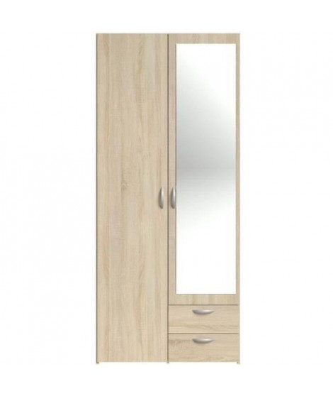 Armoire VARIA - Décor chene - 2 portes battantes + miroir + 2 tiroirs - L 81 x H 185 x P 51 cm - PARISOT