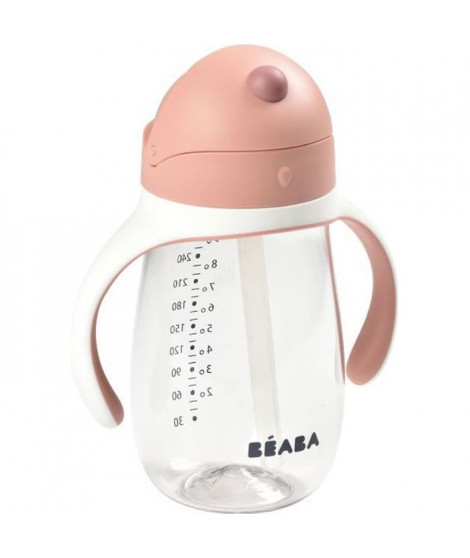 BEABA, Biberon/Tasse d'apprentissage 2 en 1, Tasse Paille Enfant, 100% étanche, Anti-fuite, 300 ml - old pink