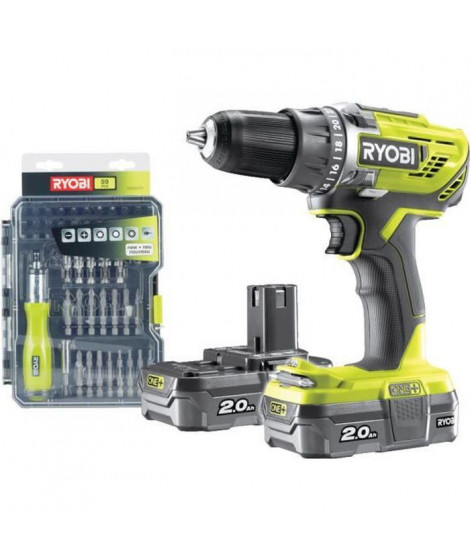 Perceuse Visseuse sans fil 18V RYOBI One+ R18DD3-220SA59 - 2 batteries de 2 Ah - 1 tournevis - cliquet + 58 acessoires - 1 sac