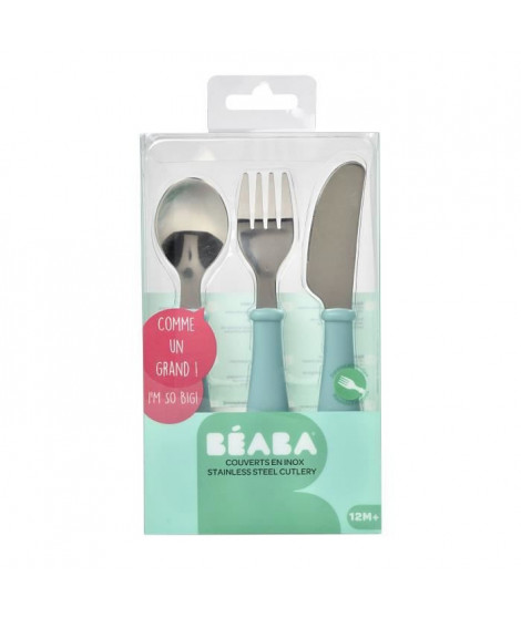 BEABA, Set de 3 couverts inox airy green