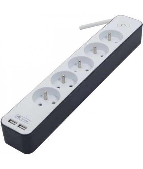 CHACON Bloc multiprise 5 prises 16 A avec 2 ports USB et câble 1,5 m HO5VV-F 3x1,5 mm² blanc et gris