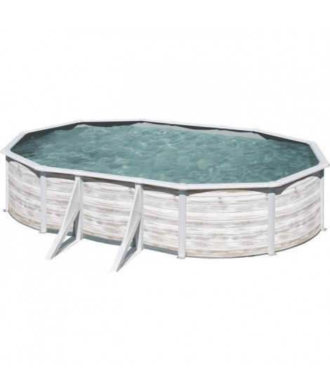 GRE - Piscine ovale acier 6,34m x 3,99m x H: 1,22m -  Imitation bois Nordique Filtration a sable Renfort apparents