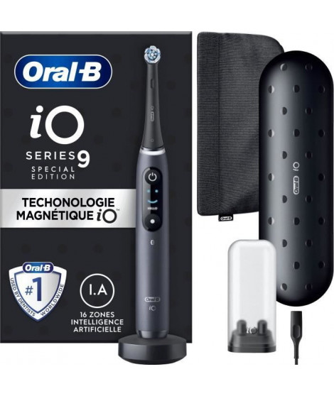 Brosse a Dents Électrique Oral-B iO 9 - Noire - connectée Bluetooth, 1 Brossette, 1 Étui De Voyage Chargeur, 1 Pochette Magné…