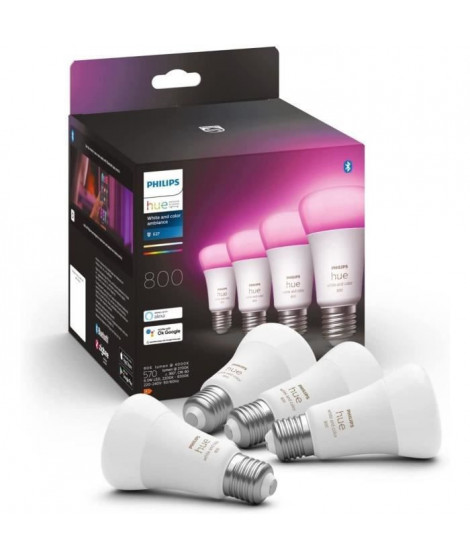 Philips Hue White & Color Ambiance, ampoule LED connectée E27, équivalent 60W, 800 lumen, Pack de 4, compatible Bluetooth