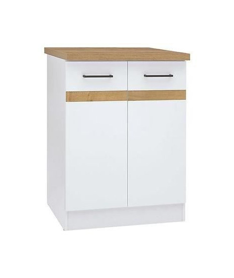 JUNONA Meuble bas de cuisine 60 cm - 2 Portes - Plan de travail - Blanc brillant