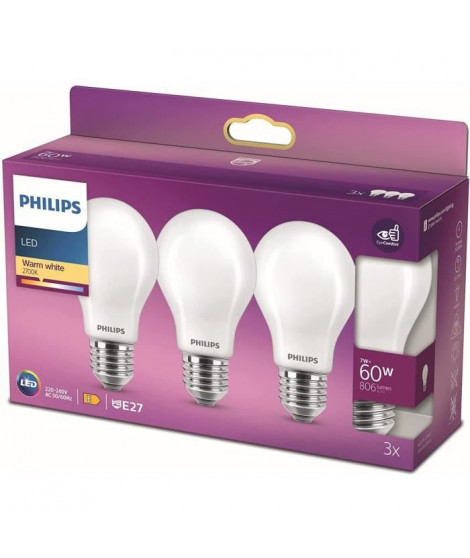 Philips, pack de 3 ampoules E27 LED 60W, blanc chaud