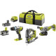 Ryobi pack 3 outils Brushless : perceuse a percussion, scie sauteuse , meuleuse d'angle, 2 batteries 2 / 4 Ah, 1 chargeur 2,0 A