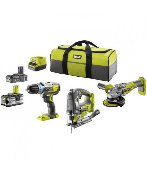 Ryobi pack 3 outils Brushless : perceuse a percussion, scie sauteuse , meuleuse d'angle, 2 batteries 2 / 4 Ah, 1 chargeur 2,0 A