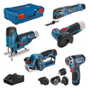 Pack 5 outils Bosch Professional Perceuse GSR + Ponceuse GOP + Rabot GHO + Meuleuse GWS + Scie sauteuse GST + 3 batteries + c…
