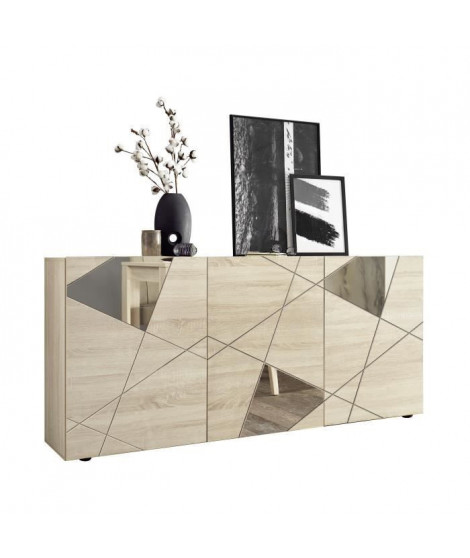 Buffet VICTORY - Décor Chene Sonoma - 3 Portes - Miroir - L 181 x P 42 x H 84 cm