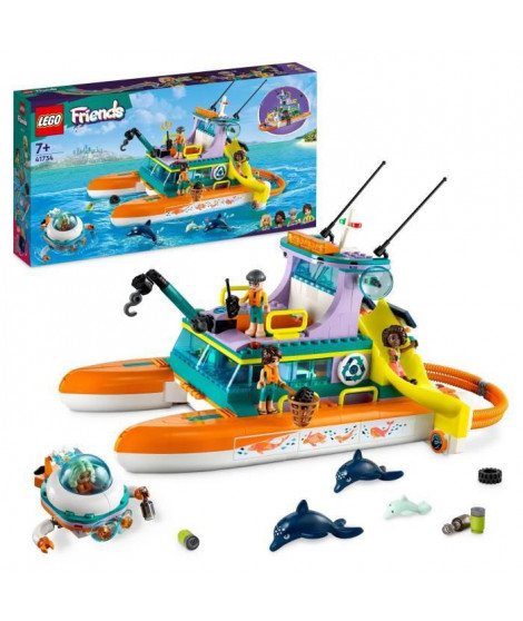 LEGO Friends 41734 Le Bateau de Sauvetage en Mer, Jouet avec Figurines de Dauphins et Sous-Marin