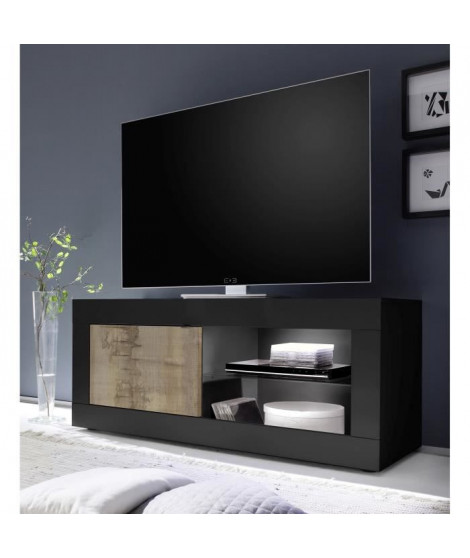 Meuble TV Style Vintage BASICO 1 Porte - Décor Chene Pero et Noir mat - L140 x H56 x P43 cm