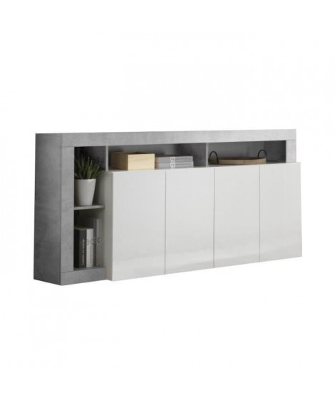 Buffet MAESTRO - Décor béton et blanc laqué brillant - 4 portes - L 184 x P 42 x H 93 cm