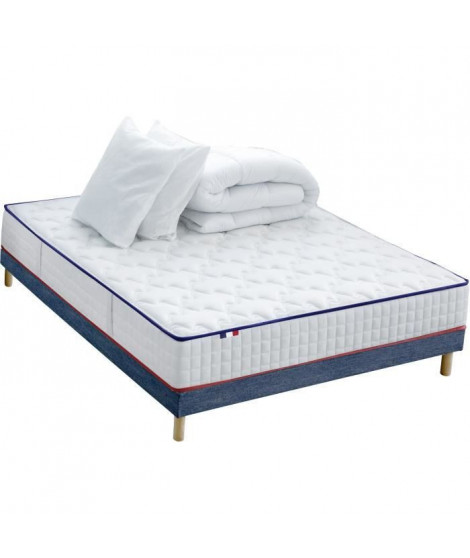 CONFORT DESIGN Pack complet Matelas 700 Ressorts + Sommier Bleu denim +  Couette + 2 Oreillers 160x200cm CHANTILLY