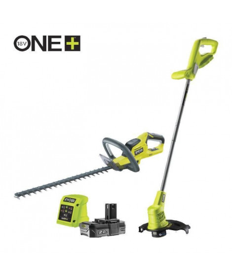 Taille haies RYOBI Duo ONE+ 18V 45cm RHT1845 + Coupe-bordures 25cm RLT1825M - 1 batterie lithium+ 2,0Ah et 1 chargeur 1,7A