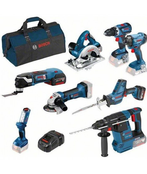 KIT 8 OUTILS Bosch professional : GSR/GDR/GBH/GWS/GKS/GSA/GOP/GLI + 4xbatteries 5,0Ah (en sac)