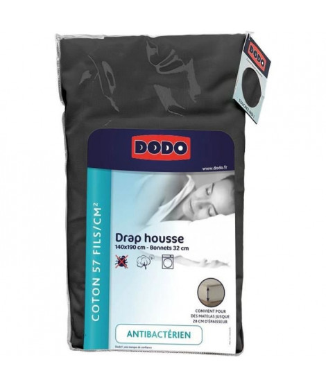 DRAP HOUSSE DODO - ANTIBACTERIENS - ANTHRACITE - 140X190 cm - Bonnet 32 cm