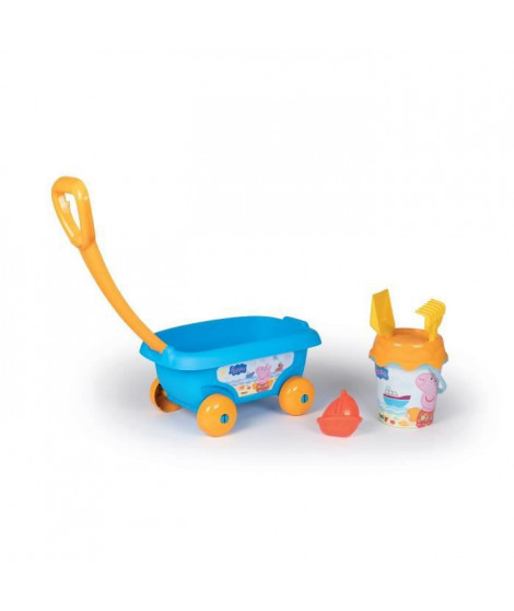 SMOBY - PEPPA PIG Chariot de plage garni : seau + tamis + pelle + râteau + moule a sable