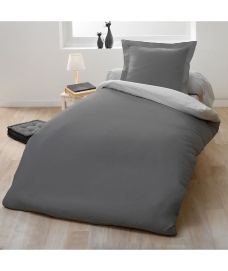 Parure housse de couette 1 personne - 140x200 cm - 100% Coton - Bicolore Gris clair et foncé