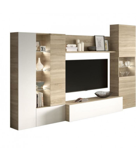 ESSENCIAL Meuble TV avec LED classique blanc brillant et décor chene - L 260 cm