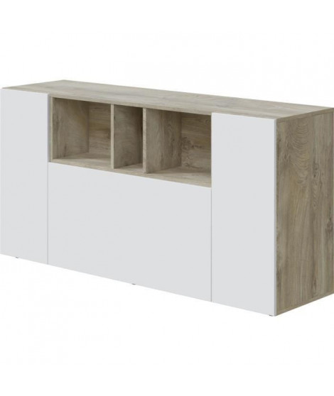 Buffet LOIRA - Mélaminé blanc artik et chene - 3 portes + 3 niches de rangement - L 150 x P 41 x H 76 cm