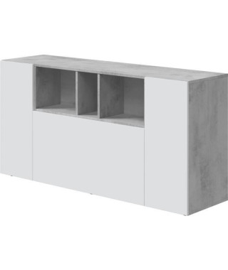 Buffet LOIRA - Mélaminé blanc artik et ciment - 3 portes + 3 niches de rangement - L 150 x P 41 x H 76 cm