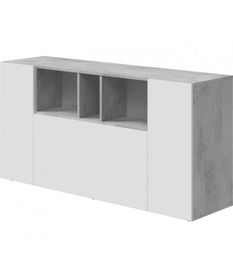 Buffet LOIRA - Mélaminé blanc artik et ciment - 3 portes + 3 niches de rangement - L 150 x P 41 x H 76 cm