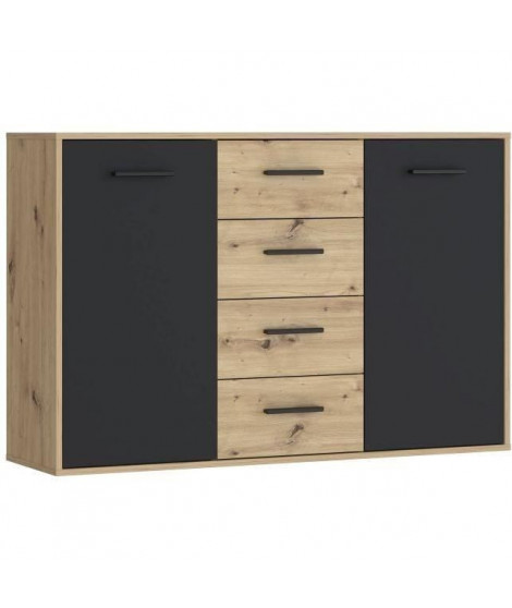 Buffet PILVI - Style contemporain - Particules mélaminé - Décor Chene et noir - 2 portes + 4 tiroirs - L 122,6 x P 34,2 x H 8…